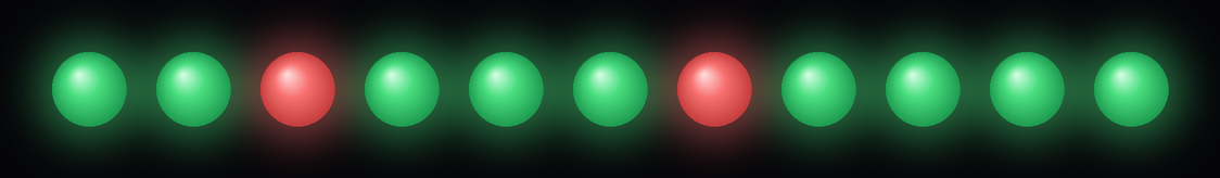 A row of practice worms: nine green YES, two red NO