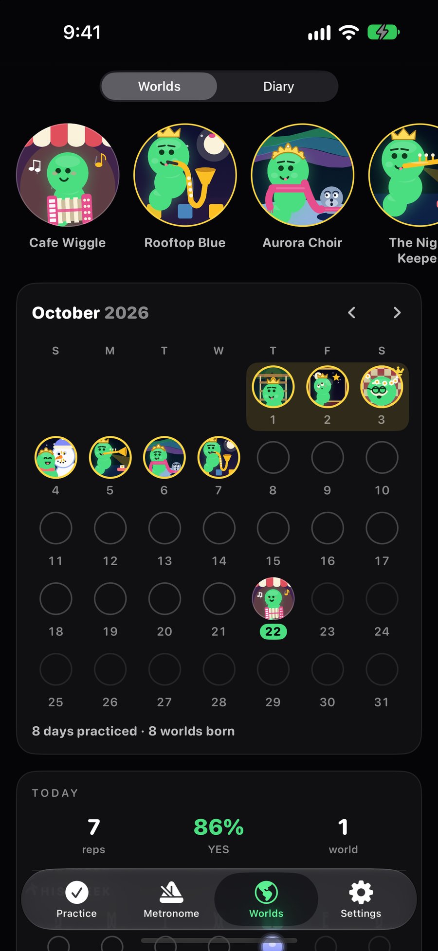 The Worlds tab: each world on the day it was born